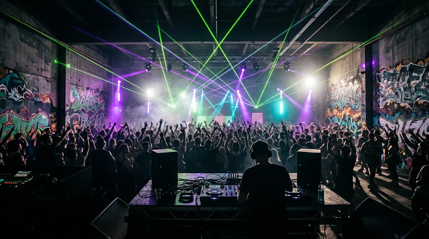 DJ playing to a packed warehouse rave under neon lasers